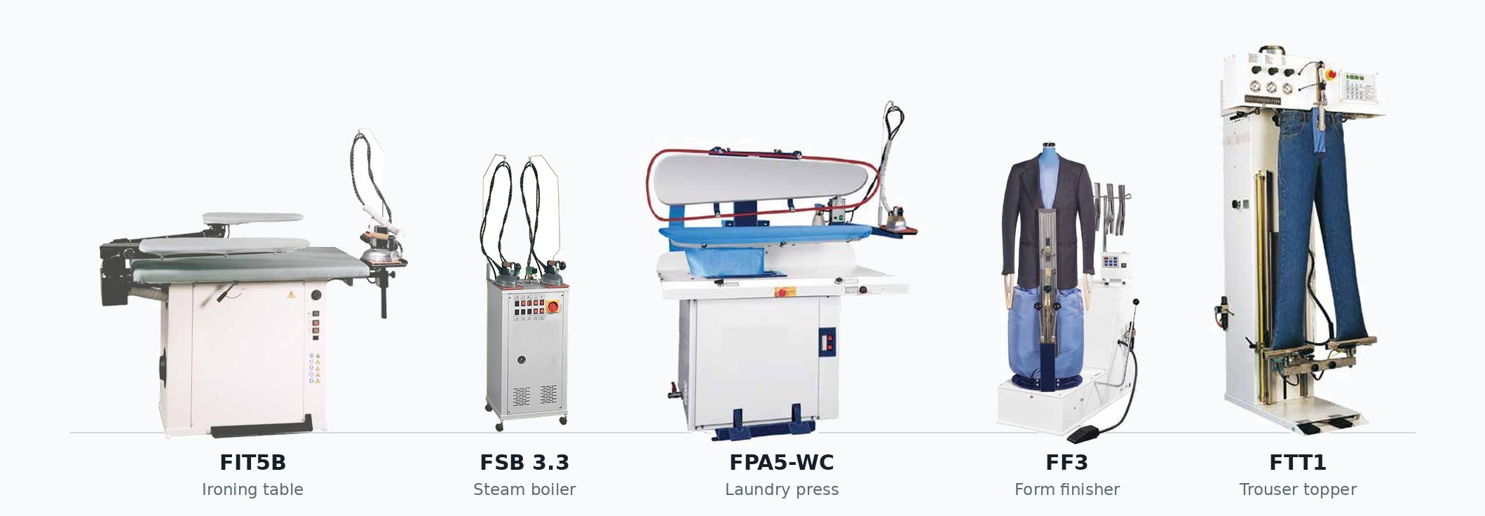 Electrolux Professional Finishing Equipment including ironing table, steam boiler, laundry press, form finisher and trouser topper